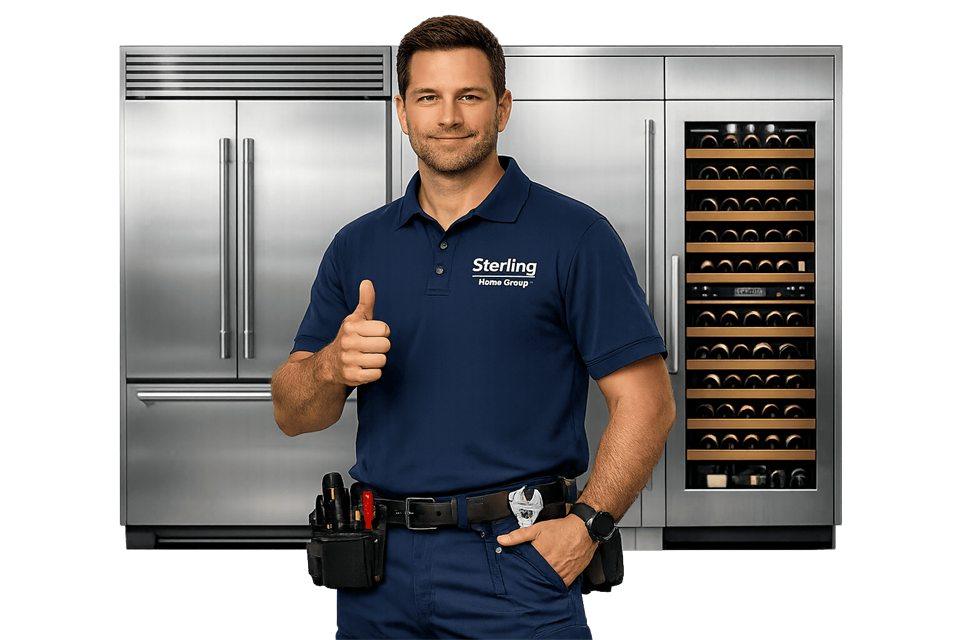 Sterling Home Group Sub-Zero technician in front of a Sub-Zero built-in refrigerator and wine column in Miami